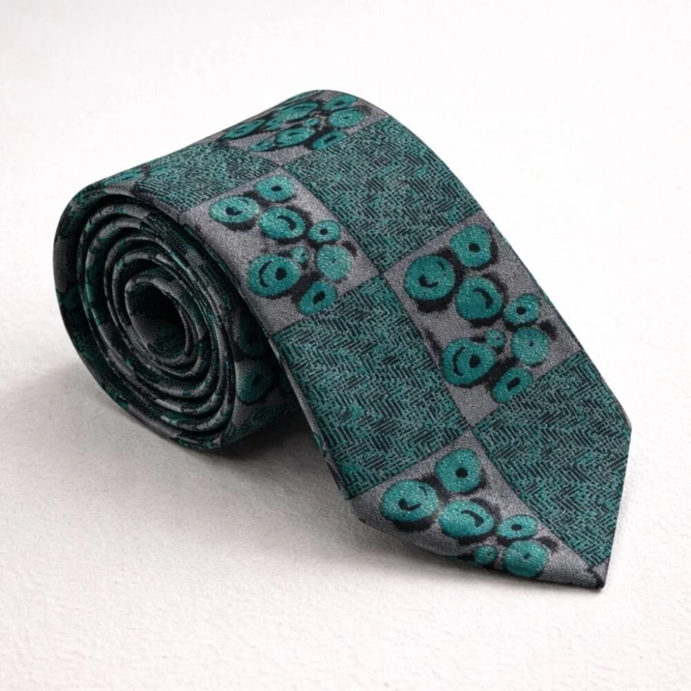 LEO Chevalier Silk Tie Teal Geometric Pattern Made in Canada Career Office Wear